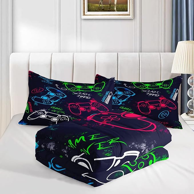 AILONEN Gamer Comforter Sets for Teen Boys, Gaming Bedding Sets Full Set,Video Game Bedspread,Game Duvet,Gamepad Bed Set,Controller Quilt Set,3 Piece 1 Comforter and 2 Pillowcases, Gamepad65