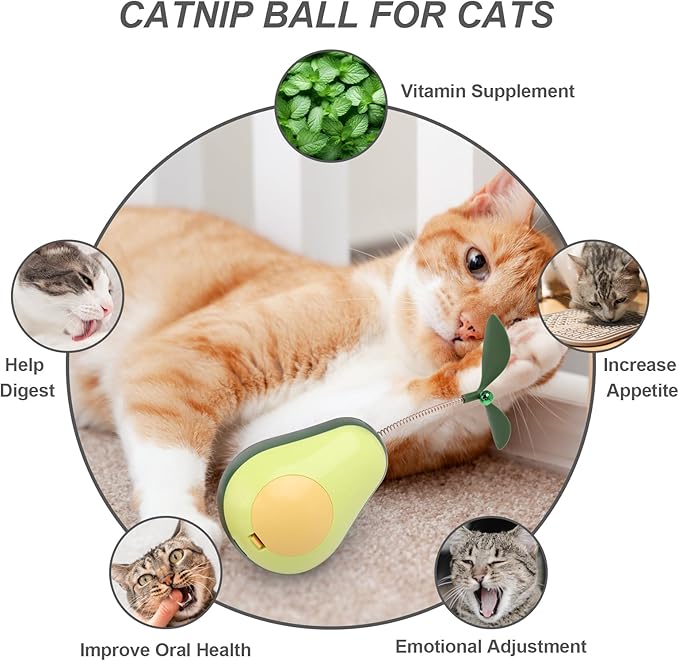 3-in-1 Cat Catnip Toys-Interactive Cat Toys for Indoor Cats, Catnip Toys for Cats with Feather Cat Toy Wand & Cat Treat Dispenser, Tumbler Avocado Cat Puzzle Feeder