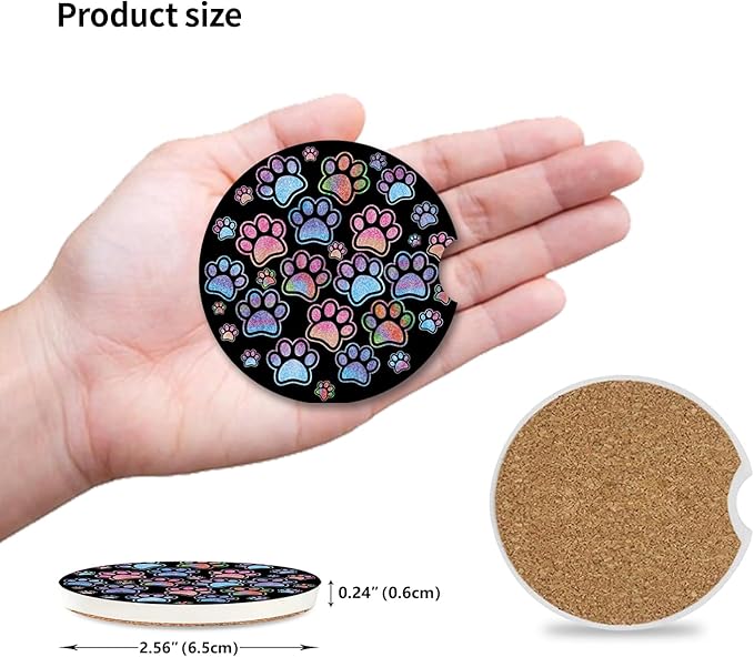 2 Pack Absorbent Car Coasters for Cup Holders,Gradient Black Dog paw Print Ceramic Coasters with Cork Back and Finger Slot,2.56" Auto Accessories for Women & Men.