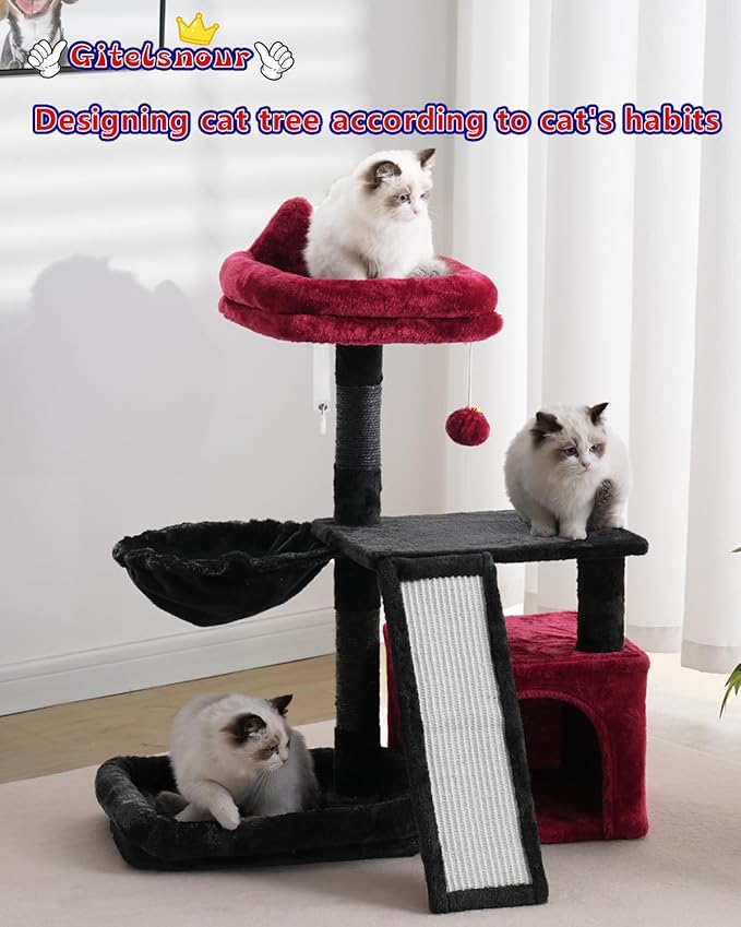 Gothic Cat Tree, Halloween Cat Tower with condo, Basket, Large Bed, Platform, Scratch Board, Cat Scratching Posts for Indoor Cats, Black and Red GCT002SBR
