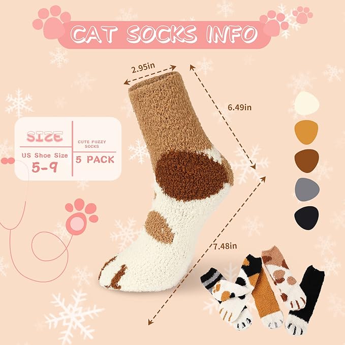 5 Pairs Fuzzy Cat Socks - Warm, Fluffy, Plush Winter Socks for Women