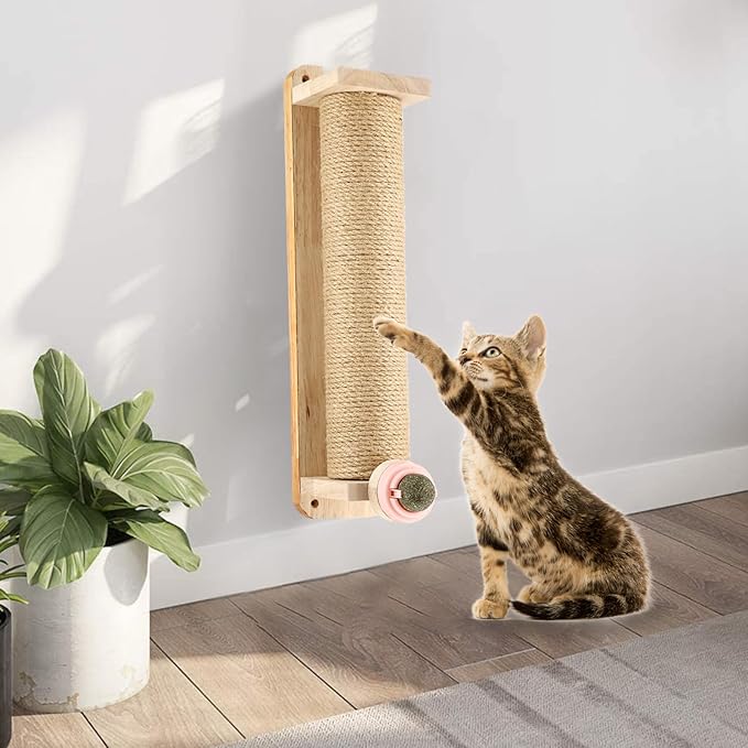 Cat Scratching Post with Catnip Ball Wall Mounted Interactive Scratcher Tower for Healthy Clawing Promotes Natural Scratching Behavior Keeps Cats Entertained