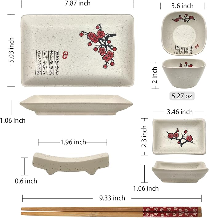 8 pcs Japanese Sushi Plate Sets Serving Platters and Trays for Entertaining Sushi Dishes Set Plates Sushi Plates Traditional Cuisine Dinnerware Sets with Chopsticks Red Plum Blossom