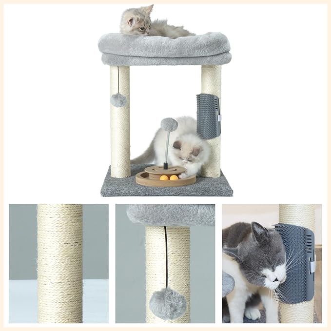 PAWSFANS Cat Tree Scratching Post,Cat Tower with Perch Bed Scratch for Indoor Cats and Kittens Scratcher,Track Toy Hanging Ball Bursh Gray