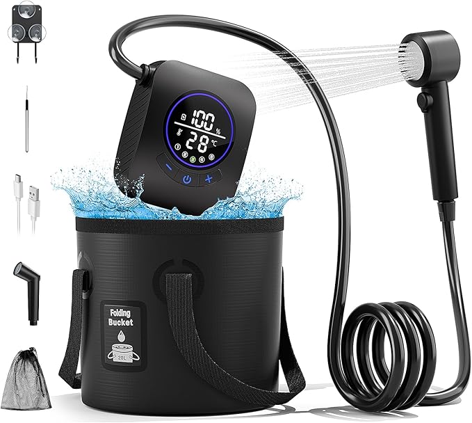 8000mAh Portable Camping Shower, Upgrade Rechargeable Electric Shower Pump with 5 Gallon Bucket, Intelligent LED Display,Portable Shower for Outdoor