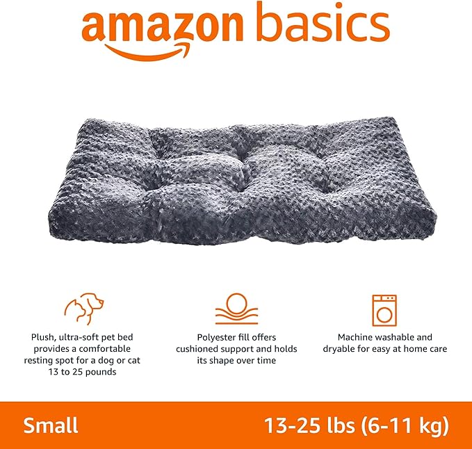Amazon Basics Cat and Dog Bed and Crate Pad, Machine Washable, Indoor, 29 x 21 x 3 inches, Gray