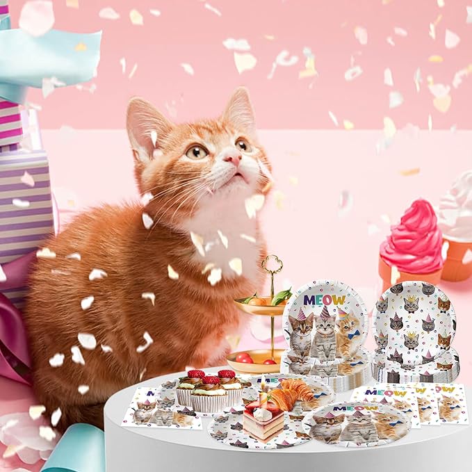 80PCS Cat Party Supplies Cat Kitten Paper Plates and Napkins Party Tableware for Kids Meow Birthday Babyshower Decorations, Serves 40