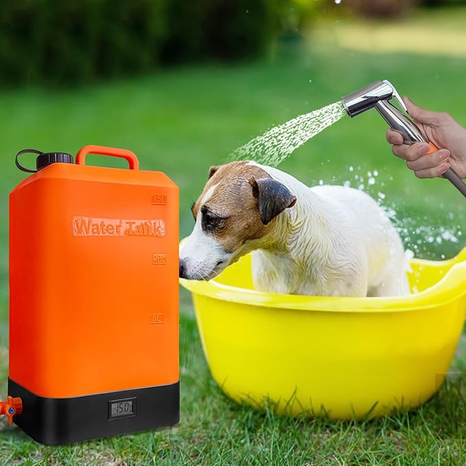 B. TAWD 4.5 Gallon Silicone Water Tank, Portable Camping Shower, USB Battery Charging, Solar Heating, with Shower Head, Electric Portable Outdoor Shower, Built-in Thermometer, Beach, Camping, Hiking