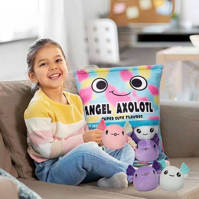 Axolotl Plush Pillow, Cute Axolotl Pillow with Axolotl Plushies, Bag of Axolotl Stuffed Animal Dolls, Stuffed Axolotl Gift for Kids, Cute Plush Axolotl Toy for Birthday, Christmas (Colorful Axolotl)