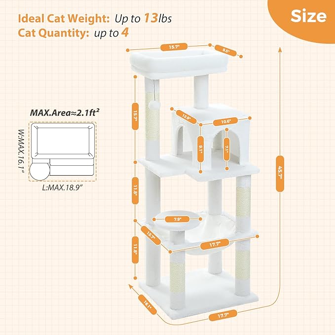 PETEPELA 45.7" Cat Tree for Large Cats, 5-Level Cat Tower for Indoor Cats with Large Hammock (17.3"x15.3"), Cat Condo with (18.5"x13") Big Top Perch & 4 Sisal Covered Scratching Post, White