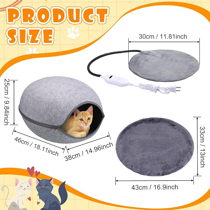 18.1 Inch Heated Cat Bed, Indoor Heated Cat Cave, Heated Cat Pad Cat Bed Warmer Thermal Pet Bed with Removable Waterproof Heater for Kitty Small Dogs Gray