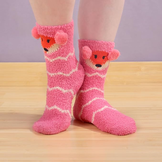 BambooMN Super Soft Cozy Warm Cute Animal Non-Slip Fuzzy Crew Winter Socks, 1 Pair Pink Fox