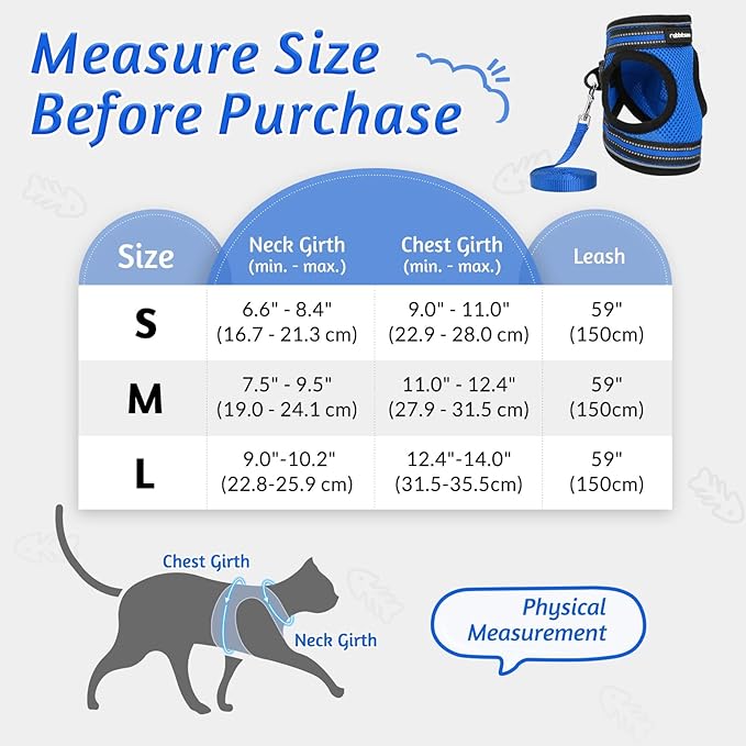 rabbitgoo Cat Harness and Leash Set for Walking Escape Proof, Adjustable Soft Kittens Vest with Reflective Strip for Cats, Comfortable Outdoor Vest, Blue, M