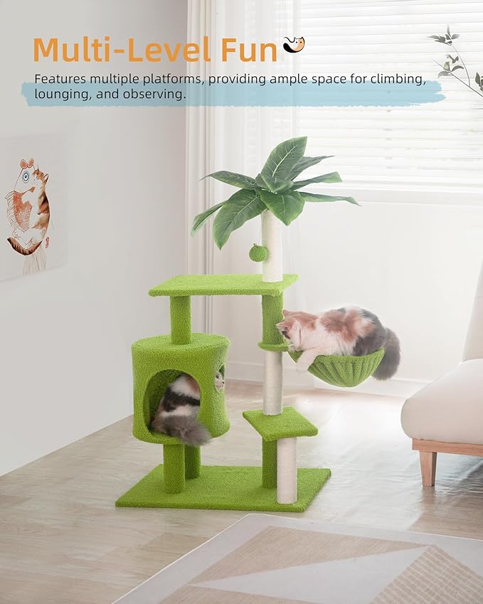 Cat Tree for Indoor Cats with Green Leaves, 40'' Cat Tower with Scratching Post, Cozy Cat Condo and Hammock, Cat Tree Tower with Hanging Ball and Bell for Kittens