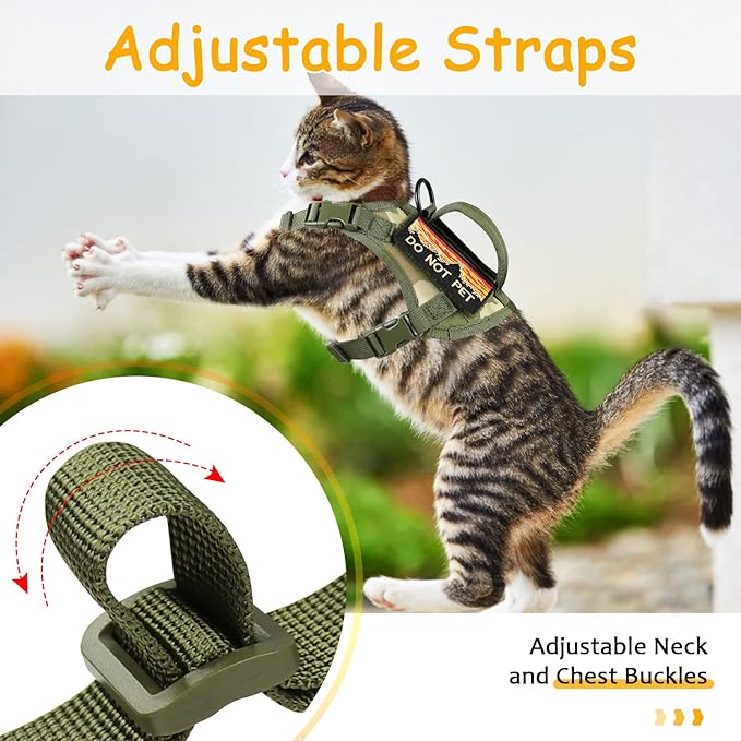 Tactical Cat Harness for Walking, Adjustable Escape Proof Pet Vest for Large Cat,Easy Control Breathable Cat Vest with Handle，Molle Patches (Camo Green, L)