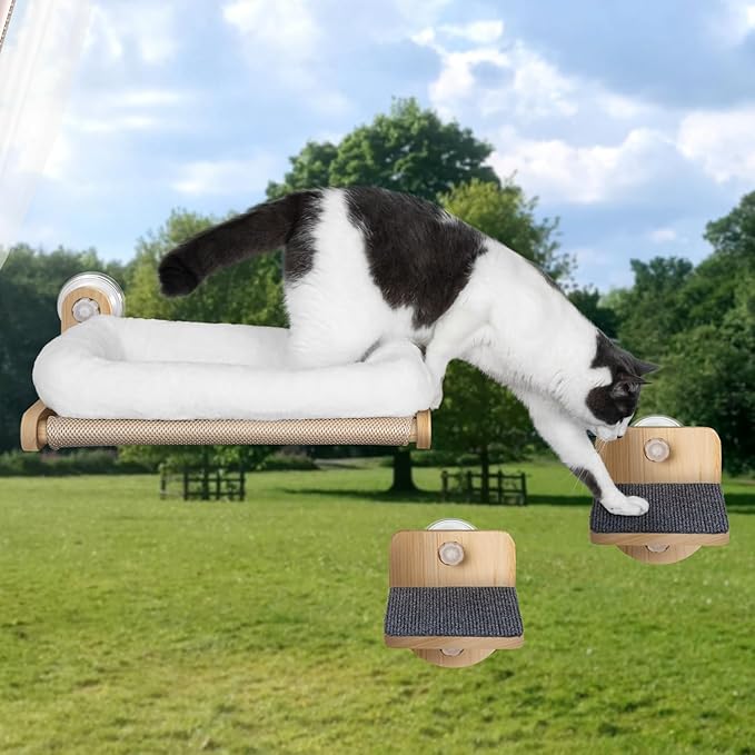 Cat Window Shelf, Cat Window Perch, Cat Window Hammock*1, Cat Pedestal for Window*2, Sturdy Solid Wooden Cat Window Perch Stairs,Cat Seat for Window Sill, Sturdy Window Step for Indoor Cats