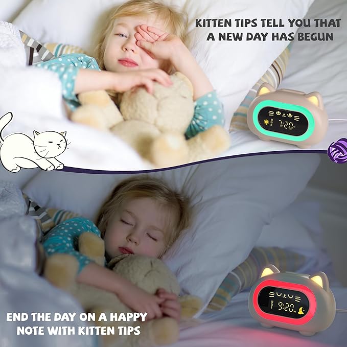Alarm Clock for Kids, Ok to Wake Clock for Kids with Eye Protection Sleep Training Auto Off Feature 10 Night Light Dual Alarm, Kids Alarm Clock for Girls and Boys, Cute Cat