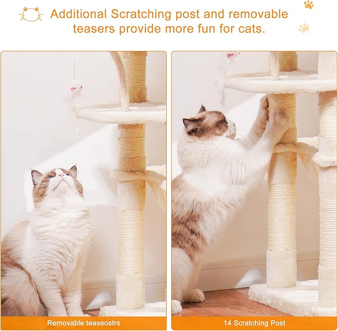 Heybly Cat Tree, 70 inches Tall Cat Tower condo with Toy for Indoor Large Cats, Cat House Furniture with Padded Plush Perch, Cozy Hammock and Sisal Scratching Posts,Beige HCT032M