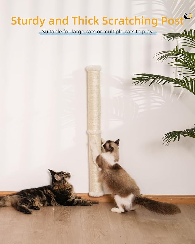 Cat Wall Scratcher, 34" Sisal Cat Scratching Post, Wall Mounted Cat Furniture for Indoor Cats, Tall and Sturdy Cat Climbing Pole for Large Cats