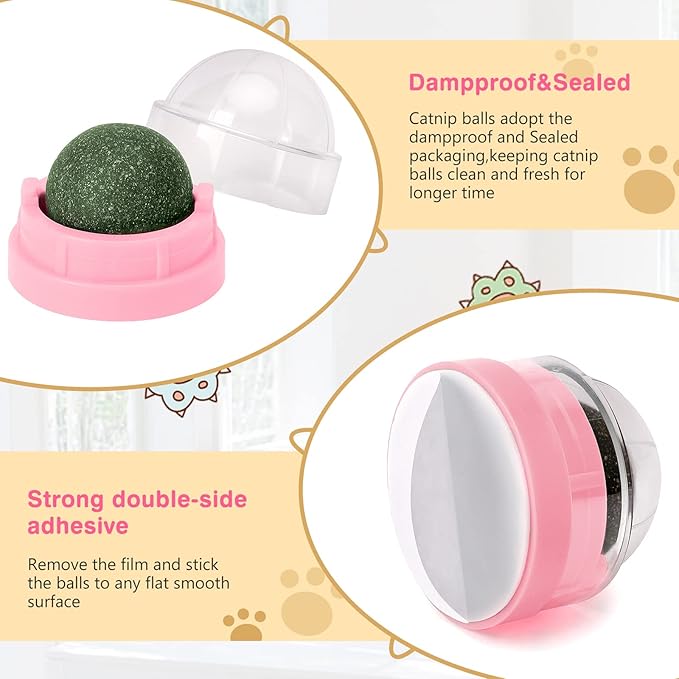 3 Pack Catnip Balls, Catnip Ball for Cats Wall, Edible Kitty Toys for Cats Lick, Safe Healthy Kitten Chew Toys, Teeth Cleaning Dental Cat Toys, Cat Wall Treats (Pink)