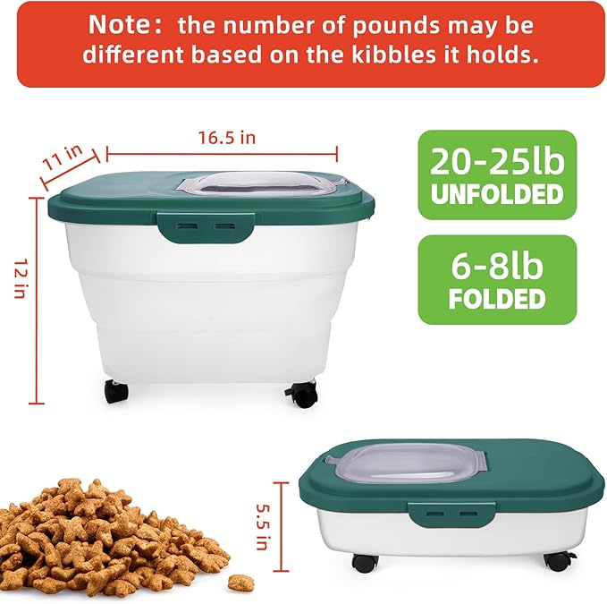 Airtight Dog Food Storage, Collapsible Pet Food Container 17-20 lb with Castors, Plastic Dog Food Bin with Pet Food Scoop & Measuring Cup for Dry Food Storage(green)