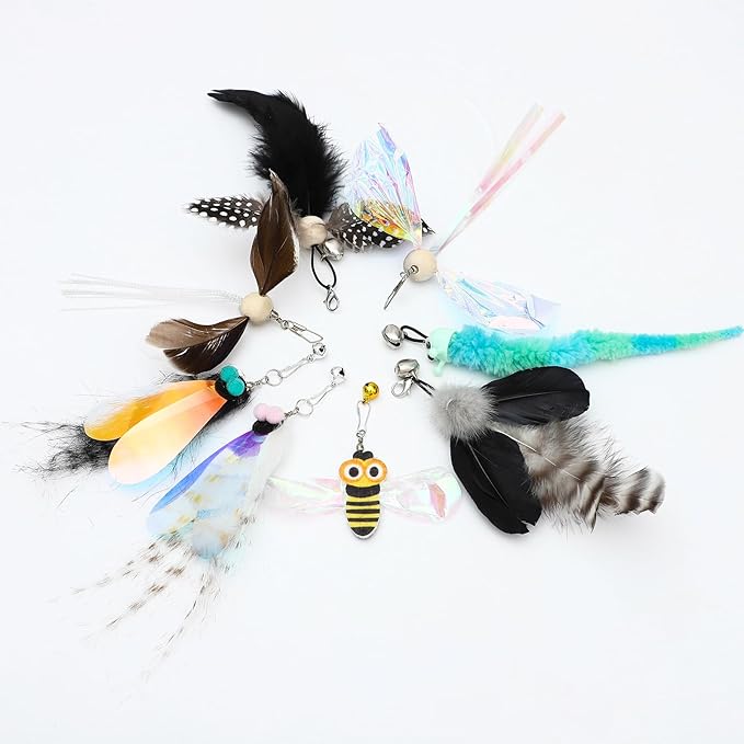 10 Pieces Cat Insect Feather Toys Replacement Cat Toy Wand Refills Interactive Cat Teaser Wand Attachments with Bell for Cat Toy