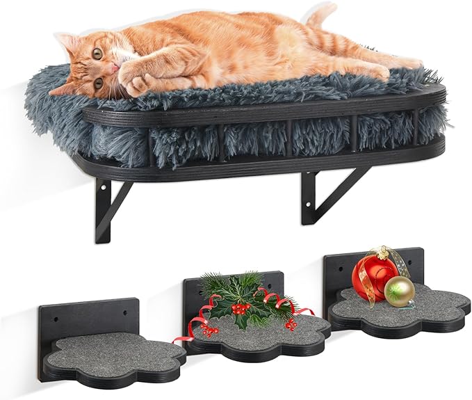 Cat Hammock Cat Wall Furniture with Cooling Mat and Plush Cushion and 3 Wall Steps, Wall Mounted Cat Shelves and Perches, Cat Climbing Shelf Cat Scratching Post for Sleeping, Playing, Gift for Cat
