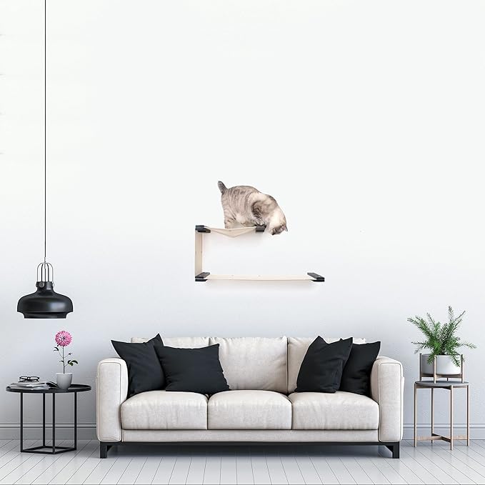 Catastrophic Creations Double Decker Cat Hammock – Wall Mounted Cat Tree with Hammock Perch – Cat Wall Hammock w/Canvas Fabric – Bamboo Cat Tower for Indoor Cats – Modern Cat Furniture