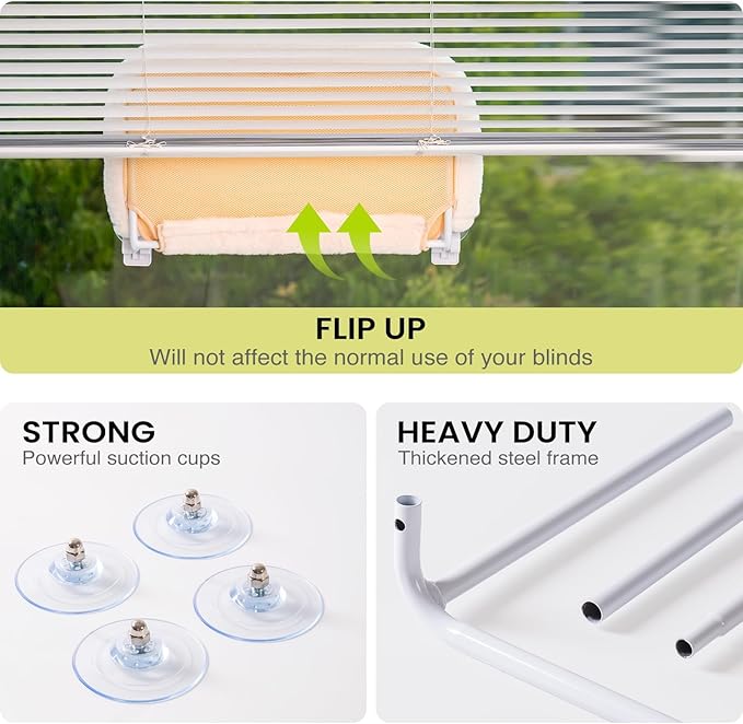 Mewoo Cat Window Perch, Cordless Cat Window Hammock with 4 Strong Suction Cups, Embeded Cat Hammock for Window, Steel Frame and Removable Soft Cover (Off White, Medium)