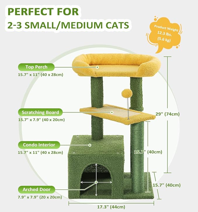 Made4Pets Cat Tree, Small Cat Tower for Indoors Cats, Cute Wood Kitty Condo with Scratching Post and Pad, 29" Multi-Level Modern Activity Climbing Furniture for Small and Medium Cats, Green