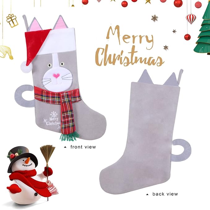 19.5'' Cute Pets 3D Christmas Stocking for Pets cat Xmas Holiday Pet Theme Gift (Gray-cat-Stocking)