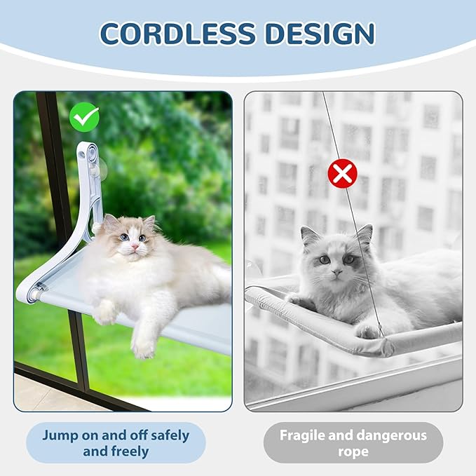 Cat Window Sill Perch - 4 Strong Suction Cups, Cordless Cat Hammock 2 Support Modes, Spacious and Comfortable Cat Gift - for Sunbathing/Napping/Looking Out - Holds Up to 40 Lbs