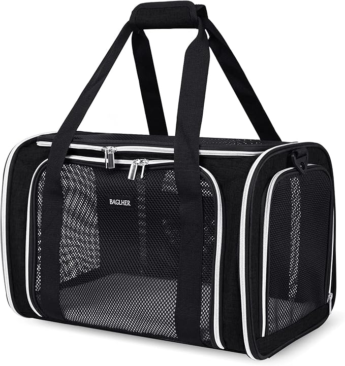 BAGLHER Pet Travel Carrier, Cat Carriers Dog Carrier for Small Medium Cats Dogs Puppies, Airline Approved Small Dog Carrier Soft Sided, Collapsible Puppy Carrier. Black