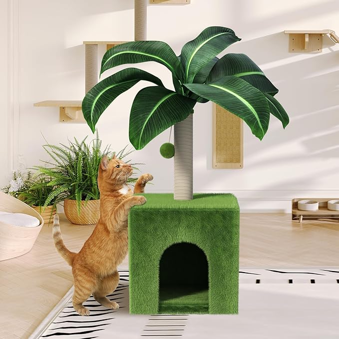 Cat Scratching Post with Condo, Palm Cat Tree Tower Natural Sisal Cat Scratcher Cat Bed Cat Furniture for Kittens and Cats