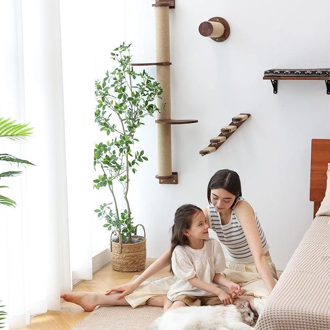 FUKUMARU Cat Wall Furniture, 11.8 Inch Cat Wall Shelves for Drywall, Walnut Wood Cat Stairs for Wall Mounted with Jute Scratching Cat Steps for Most Kitten, Medium and Large Cats, 2 of Pack