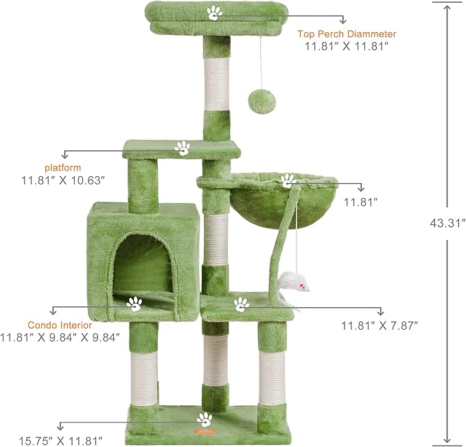 Heybly Cat Tree with Toy, Cat Tower condo for Indoor Cats, Cat House with Padded Plush Perch, Cozy Hammock and Sisal Scratching Posts, Green HCT004SGR