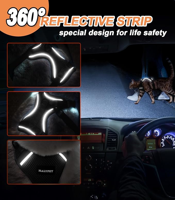 Halypet Cat Harness and Leash Set [ MAX Safety Third Generation ] Escape Proof Soft Adjustable Cat Leash Breathable Comfortable Vest Easy to Wear Kitten Harness for Outdoor Walking