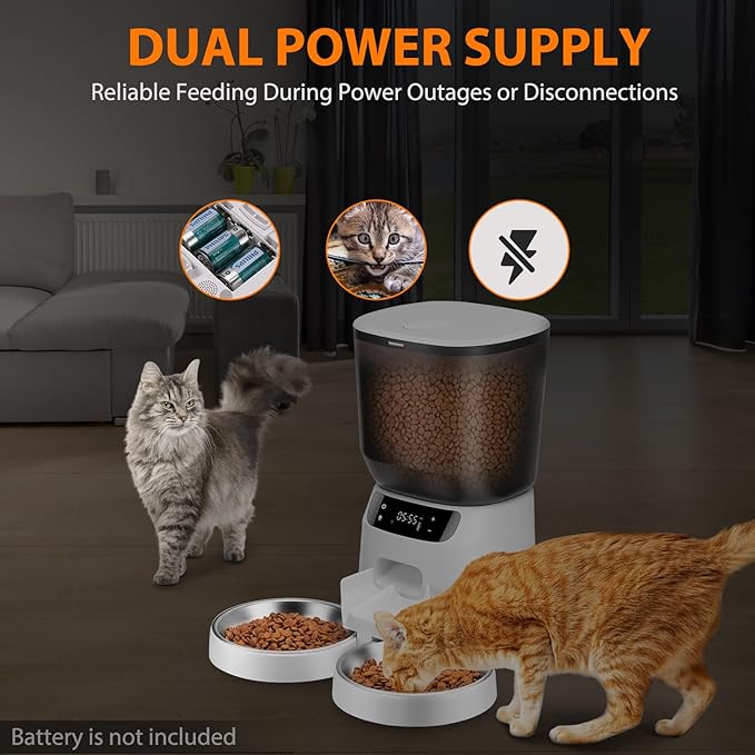 Automatic Cat Feeders for Two Cats, 5L/20 Cups Double Automatic Cat Food Dispenser with 2 Stainless Bowls, Timer Setting 20 Portions 6 Meals Per Day, 10s Meal Call, Pet Feeder for Cat