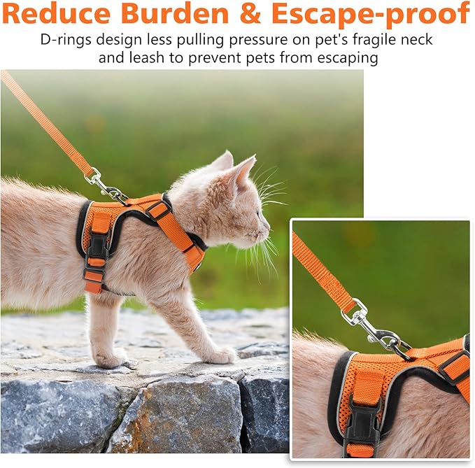 Dooradar Cat Harness and Leash Set, Escape Proof Safe Adjustable Kitten Vest Harnesses for Walking, Easy Control Soft Breathable Mesh Jacket with Reflective Strips for Cats, Orange, S