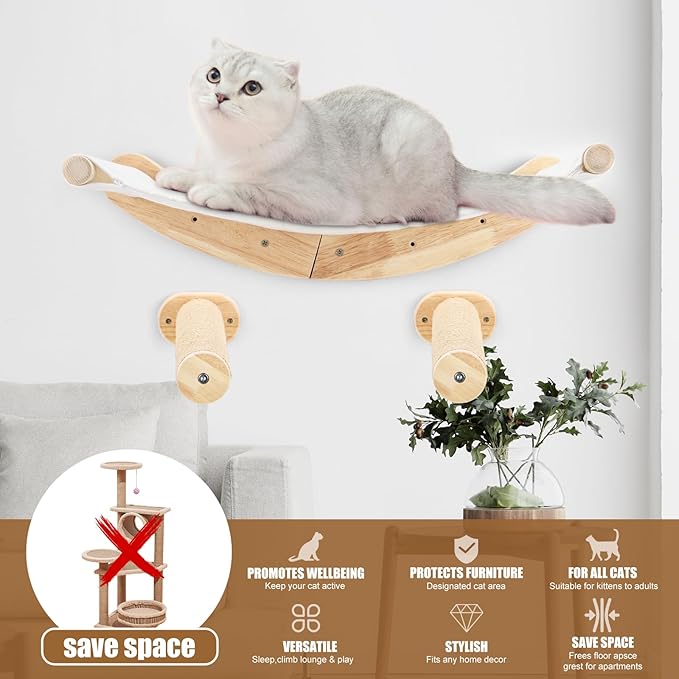 Cat Wall Furniture, 3 Pack Cat Wall Shelves Set, Solid Rubber Wood Cat Wall Steps and Hammock for Sleeping, Playing, Scratching, Climbing