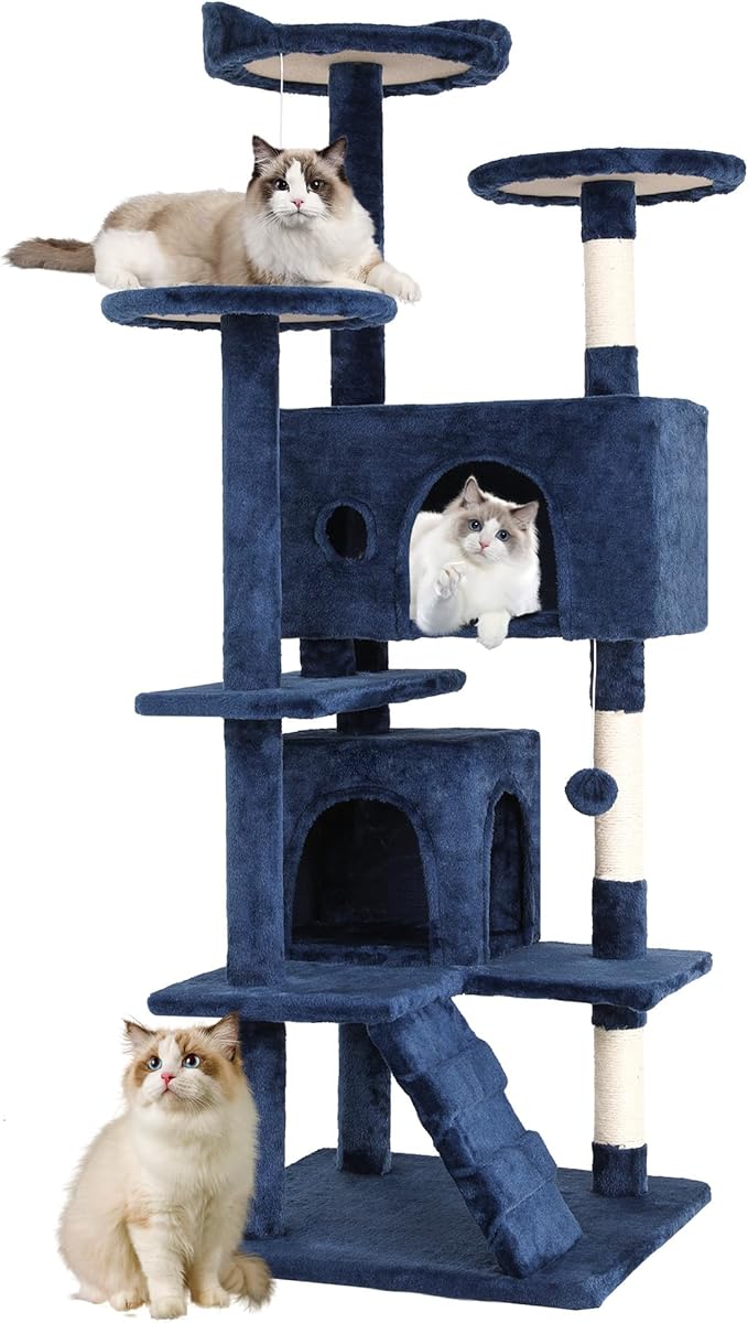 FDW Cat Tree 54in Cat Tower Multi-Level Durable Cat Scratching Post & Cozy Fun Cat Jumping Platform Space Saving Cat Condo Pet Play House for Indoor Cats,Dark Blue