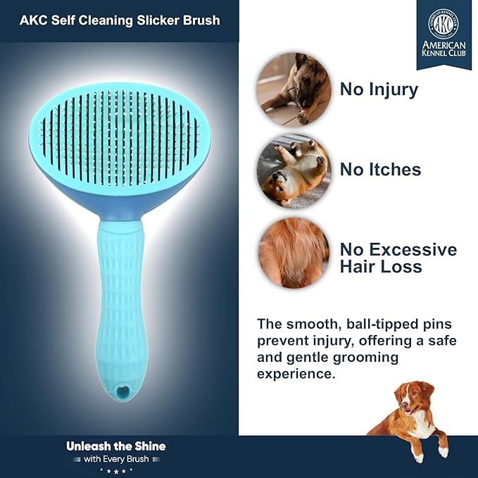 American Kennel Club AKC Self-Cleaning Pet Grooming Slicker Brush for Cats and Dogs, All Breeds and Coat Types