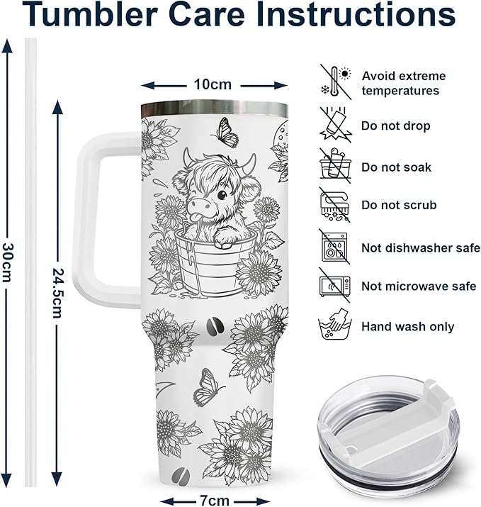 34HD Engraved Cow Tumbler with Handle and Straw, 40oz Insulated Animal Cup, Cute Moo Cattle Coffee Mug, Funny Gifts for Cow Lovers, Cow Print Stuff