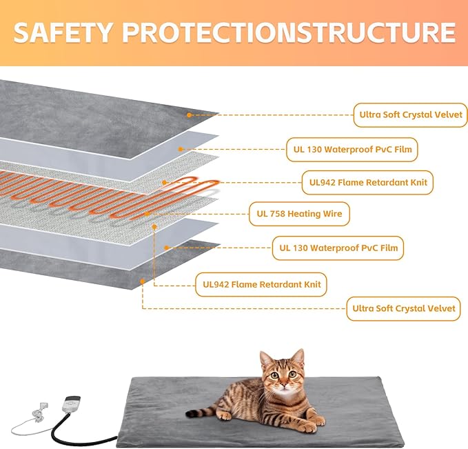 Cat heating Pad, 9 adjustable temperature, Pet heating pad, timer, removable washable waterproof heating cat bed, chewable cord, electric heating pad for cat (Grey, 35.0"L x 24.0"W x 0.6"TH)