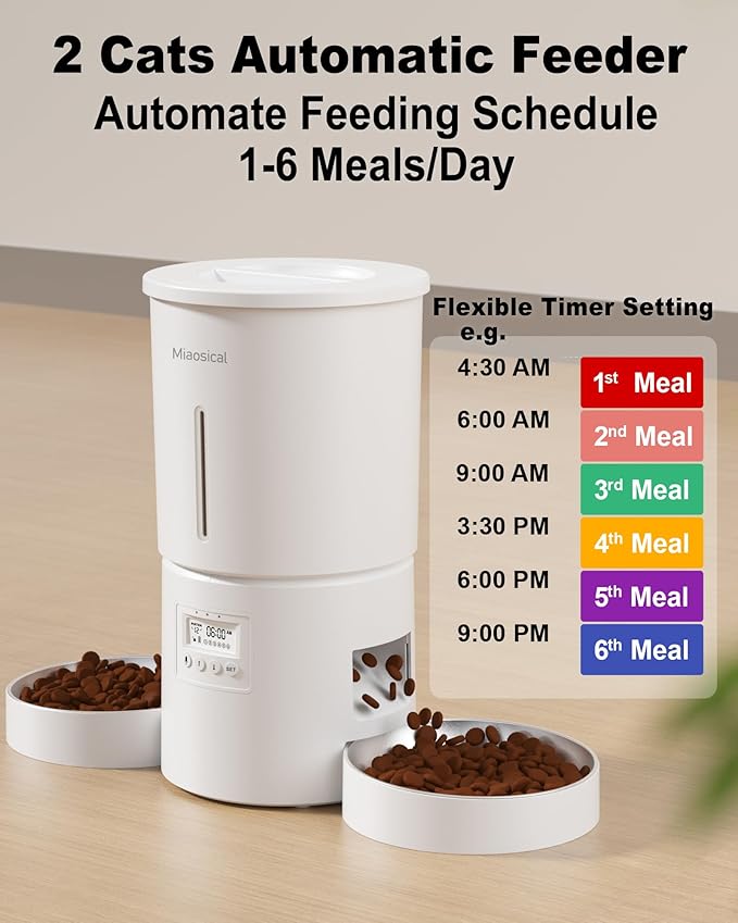 Automatic Cat Feeder for 2 Cats,4.2L Flexible Schedule,6 Meals/Day,1-12 Portions/Meal,Dual Power Auto Dual Pets Feeder Dry Food Dispenser,10S Voice Record(White,4.2L+Stainless Steel 2 Bowls)