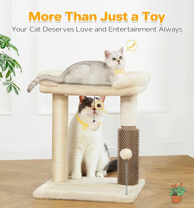 Made4Pets Small Cat Tree Tower, Cat Scratching Post 4-in-1 with Cat Self Groomer Brush, 20" Tall Natural Sisal Cat Scratcher, Soft Plush Cat Perch Bed with Dangling Ball for Indoor Kittens, Beige