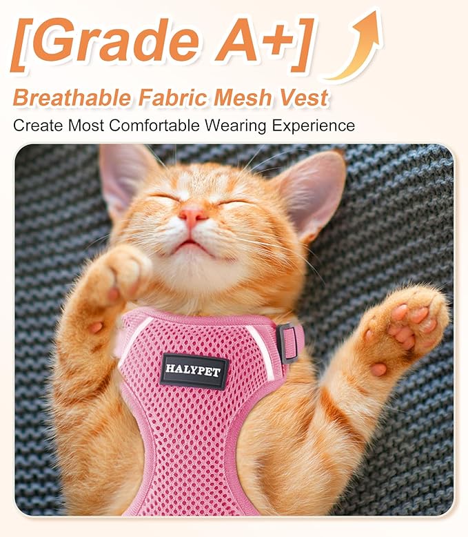 Halypet Cat Harness and Leash Set [ MAX Safety Third Generation ] Escape Proof Soft Adjustable Cat Leash Breathable Comfortable Vest Easy to Wear Kitten Harness for Outdoor Walking Pink Small