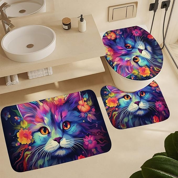 4Pcs Modern Colorful Cat Shower Curtain Sets with Non-Slip Rugs, Toilet Lid Cover and U Shape Bath Mat, Funny Abstract Flower Animal Bathroom Sets Waterproof Shower Curtains with 12 Hooks