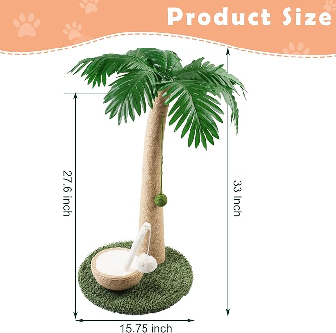 Cat Scratching Post, 27" Tall Scratch Tree Coconut Palm with Premium Sisal Rope, Simulated Leaves and Coconut cat Scratching Ball,Toys for Indoor Kittens and Cats (Cat Teaser Stick)