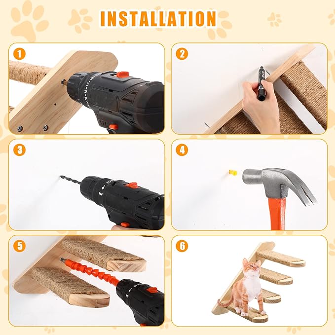 2 Pack Cat Climbing Shelf Wall Mounted Wood Cat Stair Cat Climbing Ladder 4 Step Cat Stairway with Jute Scratching Reversible Cat Wall Furniture for Cats Perch Platform Play Jump Climber Supplies